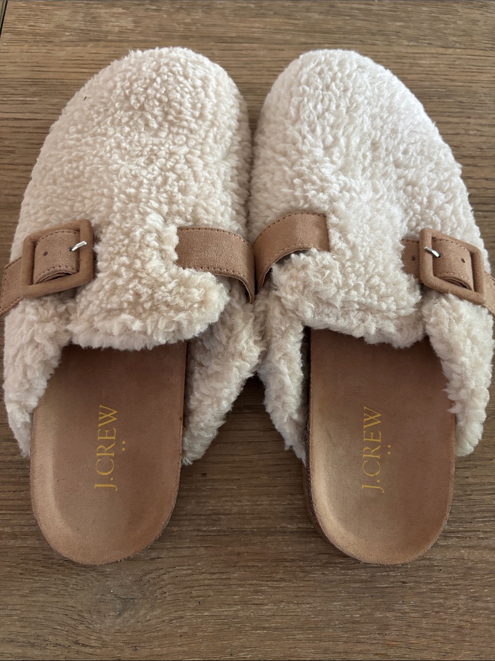 J. Crew Cream Sherpa Slide Mules with Tan Buckle Strap